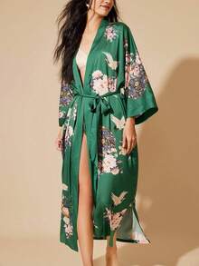 中国风复古宽松新款改良汉服长袍仙鹤印花和服罩衫薄外套，夏季海滩度假系腰罩衫，性感浴衣长袍