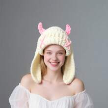 1 Pc Cute Handmade Cow Horn Rabbit Ear Headpiece Warm Autumn And Winter Knitted Hat - 白色 - 查看 4