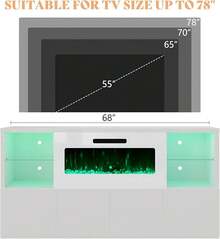 68" Modern High Gloss Fireplace TV Stand With LED Lights, Entertainment Center Media Console Cabinet With Adjustable Glass Shelves, Fits TVs Up To 78" For Living Room - 白色 - 查看 6