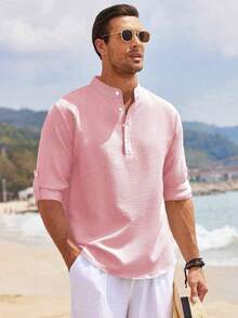 男士长袖亨利领衬衫，纽扣前襟，轻盈涤纶面料，条纹格纹设计，休闲舒适，面料柔软，适合日常穿着，夏季海滩度假时尚透气，袖子可卷起，时尚男装，户外休闲装，经典版型，百搭轻便衬衫，男士休闲上衣 - 粉色 - 查看 3