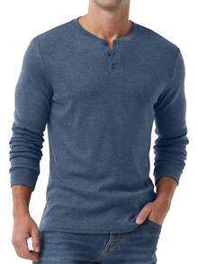 Men's Henley Long Sleeve Casual Classic Button Pullover Tee - Styles - Biru laut - View 11