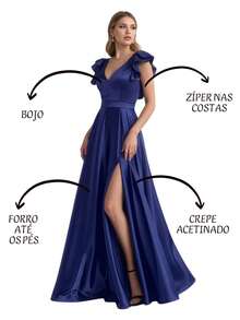 Grife Velasco Long Elegant Plain Prom Dress With Slit And Ruffle Sleeves - Navy Blue - View 3
