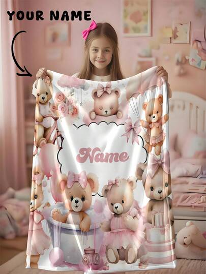 1 pieza Manta personalizable con texto de familia, manta personalizada con texto y patrón de oso lindo, manta conmemorativa. Adecuada para Navidad, niñas, niños, adultos, Día de San Valentín, ligera, manta para bebé, manta personalizada, manta personalizada con foto, manta personalizada para bebé, manta para recién nacido, adecuada para el Día de la Madre, cumpleaños, Día del Niño