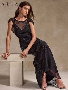 Đầm Aliao cổ chữ V phối lưới, thêu hoa và đính sequin, thanh lịch, thích hợp mặc hàng ngày, dự tiệc, đón năm mới, phong cách retro, ngày Valentine, dự đám cưới, đầm mùa xuân, đầm dự tiệc duyên dáng, đầm maxi đen mùa hè. - màu đen - Xem 3