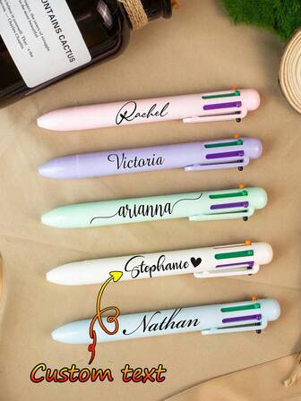 Customized Text Logo Creative Macaron 6 Color Ballpoint Pen, Muted Color Push Button Pen, Multi-Color Stationery Pen For Students, Personalized Multifunctional Pen, Gift For Her, Coworker, School & Office Supplies,Office Decor