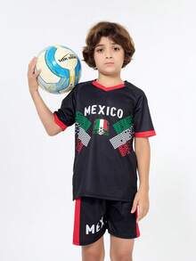 SURUIDA 2 Pcs Mexican Boy Soccer Jersey, Youth Casual Football Uniform, V-Neck Digital Printing Style T-Shirt Set, Suitable For Outdoor Sports, Team Match, Training, Stage Performance, Daily Wear In Summer, Short Sleeve - 黑色 - 查看 3