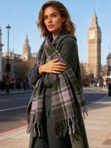 1 pieza Bufanda de otoño/invierno, Bufanda jacquard a cuadros de cachemira sintética larga talla grande vendida en 2025, Chal suave y cálido para mujer, Accesorio versátil