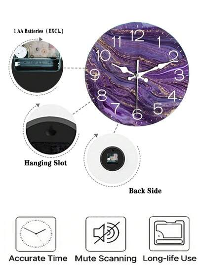 [Popular Choice] 1pc Abstract Violet Golden Texture Wand Clock, 12 Inch Wooden Round ative Timepiece Living Room, Bedroom, Office Battery Operated (AA Not Included), Easy To Read Moderne Home No Border view 5