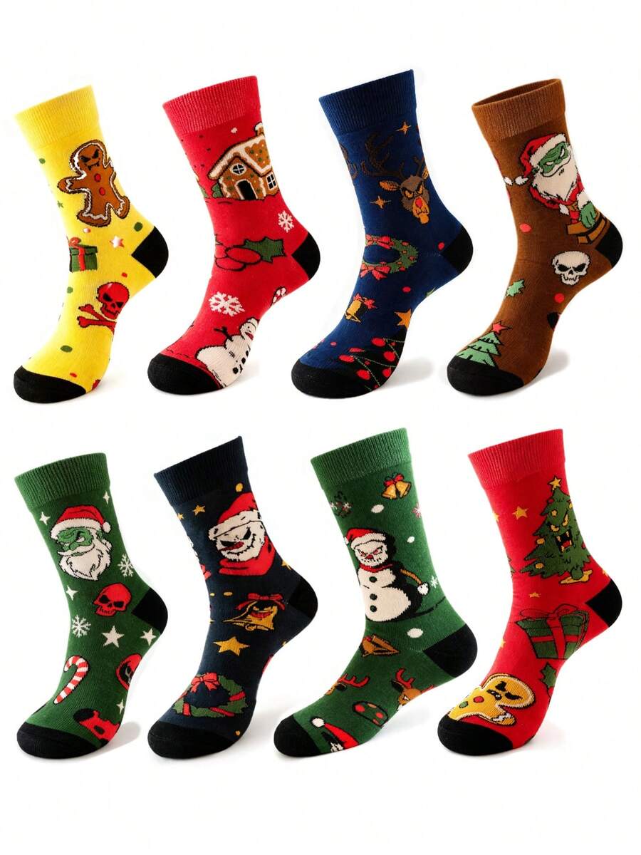 4 Pasang Kaos Kaki Ukuran Besar Motif Natal Warna Acak Lucu untuk Pasangan - MultiWarna - View 1