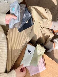 女士加厚保暖罗纹蝴蝶结印花袜，百搭日式秋冬中筒袜 - 彩色 - 查看 6