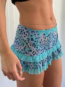 Women Mini Short Skirt Low Waisted Leopard Print Ruffle Lace Edge Fashion Short Skirt - Màu xanh lam - Xem 3