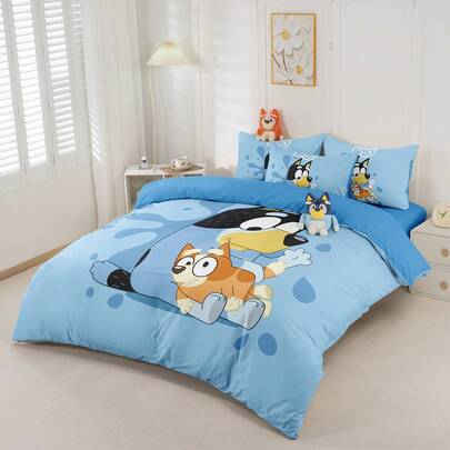 Bluey 2/3件套蓝色蓝精灵床上用品套装，冷色调蓝色蓝精灵床上用品，舒适透气，亲肤，卡通风格被套套装，柔软抗起球，可爱家纺，包含1个被套和1/2个枕套，不含被芯