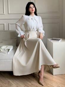 abyoxi Women's Solid Color Elegant High-Waisted Pleated A Line Midi Skirt Fall Winter Fashion Simple Casual Daily Commute Office Half Skirt - Apricot - View 4