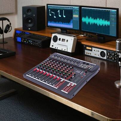 8-Channel Audio Mixer - Black ABS USB/Bluetooth Sound Mixer. 3-Band Equalizer Audio Mixing Console With +48V Phantom Power. Ultra-Thin Audio Mixer With LCD Display & 10-Segment Level Indicators. Real-Time Monitoring Mixer For Home KTV, Studios, Stages. Smooth Fader Audio Mixing Device With Strip Heat Sink