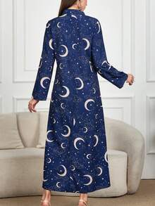 2025 Spring New Women's Printed Bohemian Style Long Sleeve Dress, Fashionable Loose Autumn Dress, Tie-Waist Vacation Casual Dress, Elegant Party Beach Graduation Ceremony Evening Gown - Blue - View 4