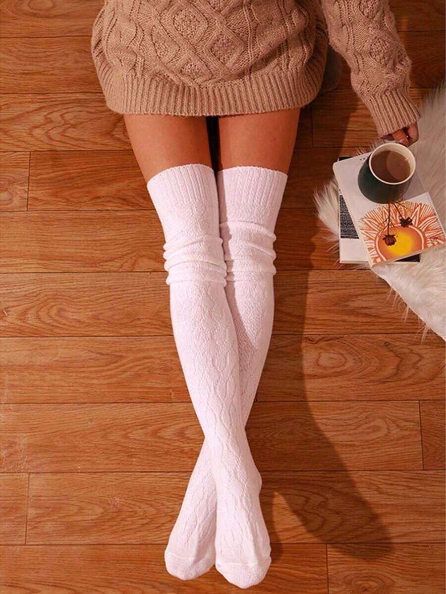 1 par de calcetines gruesos y versátiles de punto de color sólido hasta la rodilla, estilo Y2K - Blanco - Ver 1