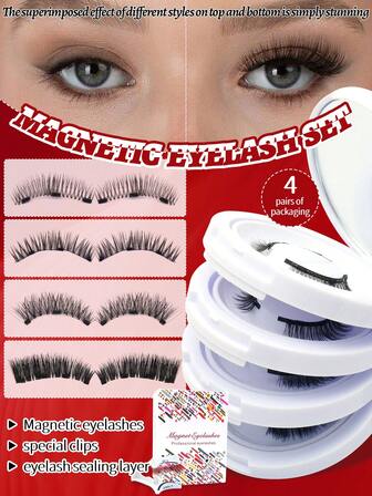 4 层 8 对磁性假睫毛：6 磁铁定位，无胶，自然卷曲，超级舒适，柔软纤维，强磁吸附，易于佩戴，持久耐用，无胶粘合，轻巧舒适，多种款式（5-14 毫米）可全天卷曲