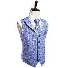 Mens Waistcoat Light Blue  Paisley Flower Vest & Silver Tie Pin & Tie Set Tuxedo Gilet Wedding Formal Casual - 藍色 - 查看 2