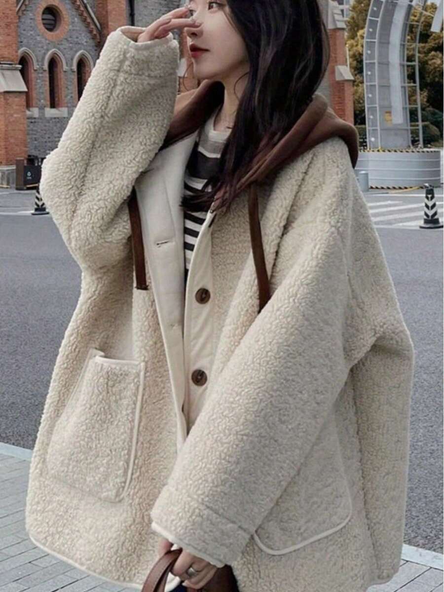 プラスサイズのレディース服、レディースプラスサイズの冬用暖かいシェルパコート - 韓国風のゆったりしたフード付きジャケット、フルファーの裏地付き、エレガントでカジュアルな冬用コート - アプリコット - チェックする 1