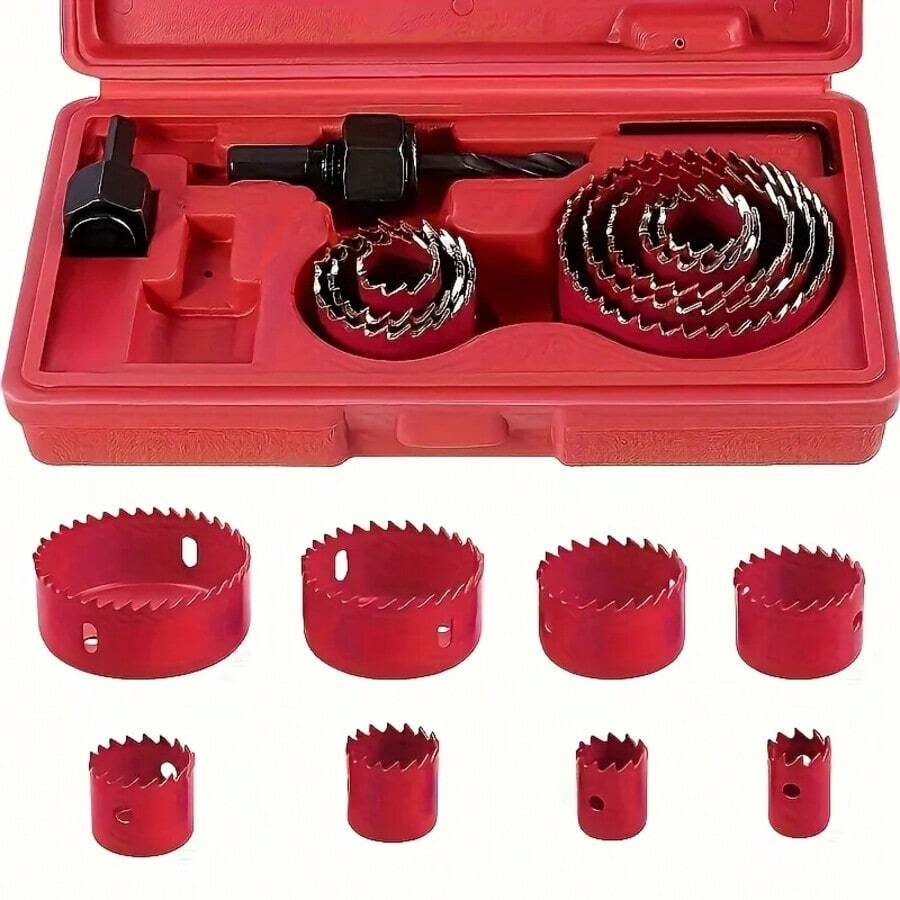 11-Piece Hole Saw Set With 8 Carbon Steel Blades (19mm-64mm) - Woodworking Hole Cutting Tools With Hex Wrench, Suitable For Softwood, PVC, And Plastic - Black And Red - 紅色 - 查看 1