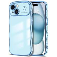 For IPhone 15 Plus Case Wave Wavy Phone Cases With Love Heart, Luxury Plating Edge Cute Curly Shape Cover For Women Girls, Thin Slim Soft TPU Rubber Shockproof Protective Cover, Light Blue{"Color_name":"LightBlue","Size_name":"ForiPhone15Plus-6.7inch"} - 多色27 - 查看 1