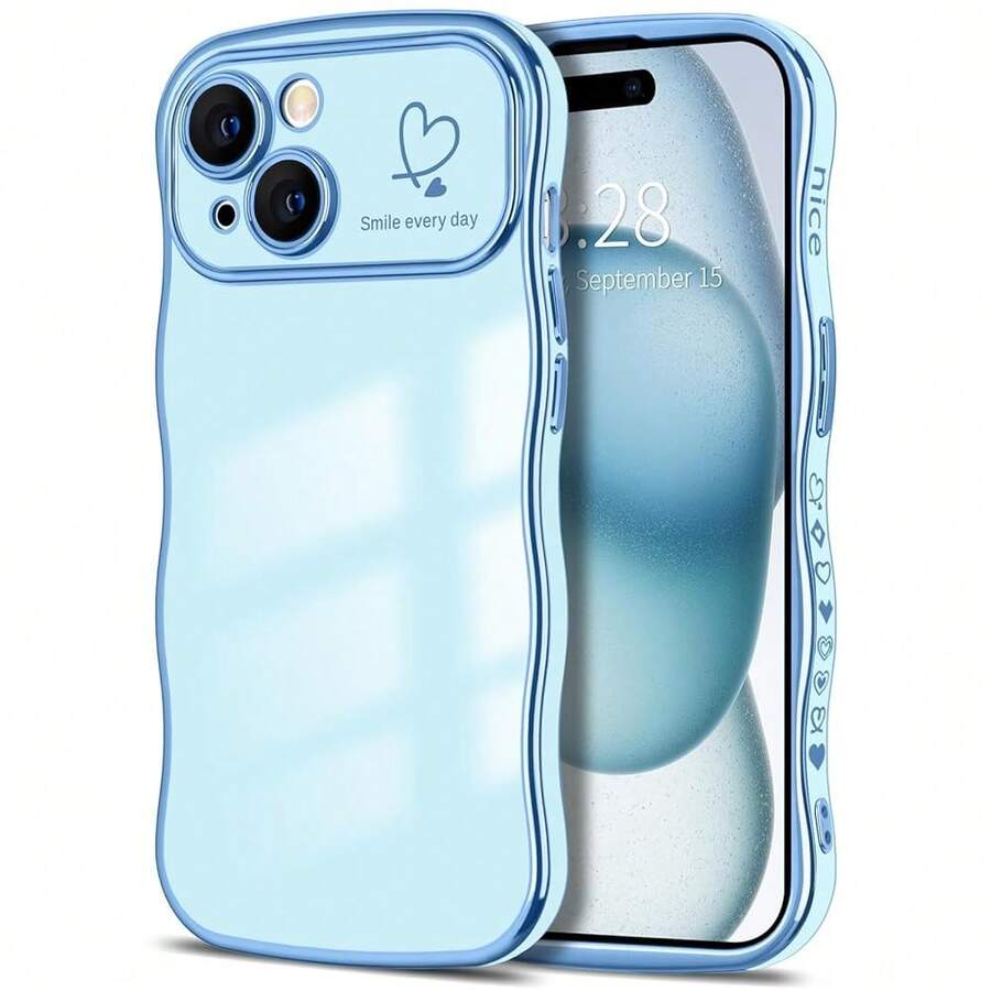 For IPhone 15 Plus Case Wave Wavy Phone Cases With Love Heart, Luxury Plating Edge Cute Curly Shape Cover For Women Girls, Thin Slim Soft TPU Rubber Shockproof Protective Cover, Light Blue{"Color_name":"LightBlue","Size_name":"ForiPhone15Plus-6.7inch"} - 多色27 - 查看 1