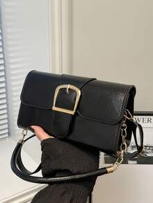 Nueva bolsa cuadrada pequeña con hebilla de cuero, bolso de hombro y cruzado minimalista de moda para mujer, bolso de cierre con candado para debajo del brazo, elegante y versátil bolso de mano para dama - Negro - Ver 4