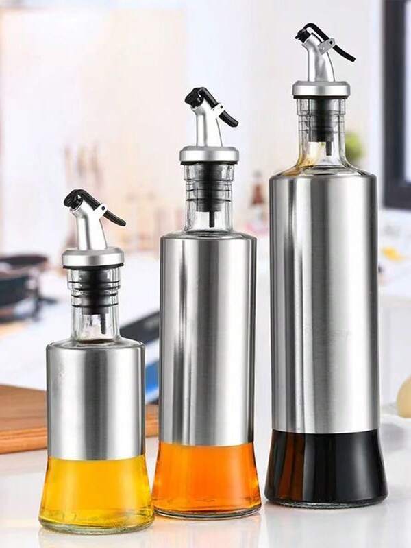 1 Piece Olive Oil Dispenser, Stainless Steel Oil Bottle, Sealed Oil Pot, Glass Seasoning Container, Press Type Soy Sauce And Vinegar Seasoning Bottle, Kitchen Oil Dispenser Bottle, High-Quality Glass Stainless Steel Oil And Vinegar Mixture, With Nozzle, Drip Free Oil Bottle, Edible Oil Dispenser, Suitable For Kitchen Cooking Soy Sauce And Vinegar Seasoning