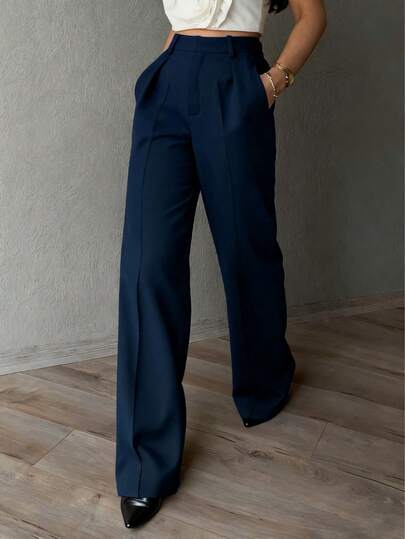 女士纯色休闲优雅通勤简约直筒裤，适合日常穿着、通勤和办公室