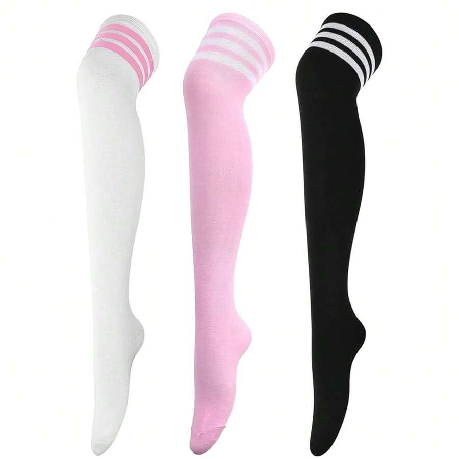 DRESHOW 3 Pairs Thigh High Socks Striped Over Knee Thin Tights Long Stocking Knee High Leg Warmer{"Color_name":"3PairsC:White/Pink/Black"} - 多色8 - 查看 1