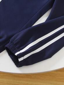 2 件套年轻男孩时尚半拉链漏斗领休闲运动校园风格海军蓝插肩袖夹克和侧条纹慢跑裤套装，2025 年秋季 - 寶藍色 - 查看 5