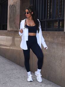 Conjunto Feminino de Rica Preto Tecido Premium Virginia Preto Academia Top Alta Sustentação Calça legging Cintura Alta. - Preto - Visão 4