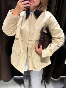 Autumn New Casual Corduroy Lapel Contrast Color Patchwork Loose Versatile Fashion Jacket Utility Padded Coat For Women, Elegant Retro Street Style Commuter Outerwear - Milky - View 5