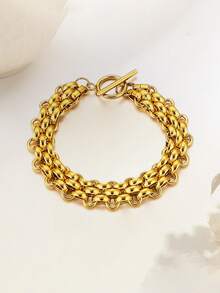 2pcs/Set Stainless Steel Personalized Hip-Hop Exaggerate Thick Chain Necklace + Bracelet Jewelry Set, Suitable For Daily Wear, Festival Gift - Yellow Gold - View 8