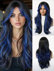 Multicolor Synthetic Wig With Bangs Black Mix Blue Long Natural Curly Wig For Women Daily Party Cosplay Christmas Wigs For Girls For Halloween And Christmas New Year Carnival Music Festival Cosplay ,Gifts For Girls,Summer Graduation Gifts,Ready-Made Gifts,Halloween Christmas Gifts - 挑染藍色 - 查看 2