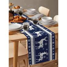 1pc Christmas Reindeer Table Runner, Vintage Navy Blue Snowflake Winter Kitchen Table Cloth, Winter Kitchen Dining Table Decor, Suitable For Party Or Holiday Use
