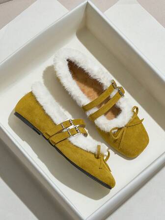 女装时尚2025冬季新款蝴蝶结毛毛鞋厚衬玛丽珍鞋小方头扣带复古户外舒适鞋