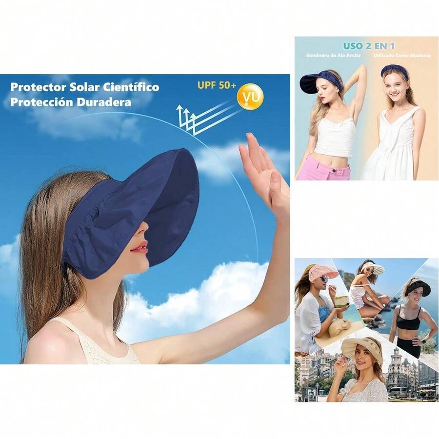 Sombrero de Visera y Ala Ancha 2 en 1 UPF 50+ para Mujer - Poliéster, Lavado a Mano, Origen China - Azul Marino - Ver 1