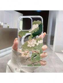 Funda de teléfono móvil con anillo magnético de acrílico transparente de gran agujero con patrón de loto para iPhone 16 15 14 13 12 Pro Max 16 15 14 , funda dura compatible con carga inalámbrica - transparente - Ver 3