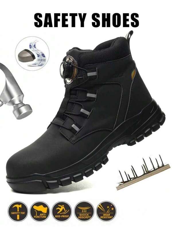 Zapatos de seguridad con punta de acero para hombres con botón giratorio, botas de trabajo de acero duraderas y de caña alta, color negro, talla grande, adecuadas para industria, construcción, almacén, anti-aplastamiento, anti-perforación, zapatos de trabajo protectores para todas las estaciones