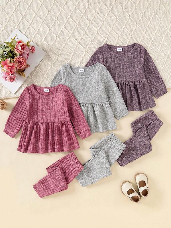 6pcs Baby Casual Solid Color Knit Fabric Long Sleeve Top And Matching Solid Color Pants Outdoor Suit, Autumn/Winter