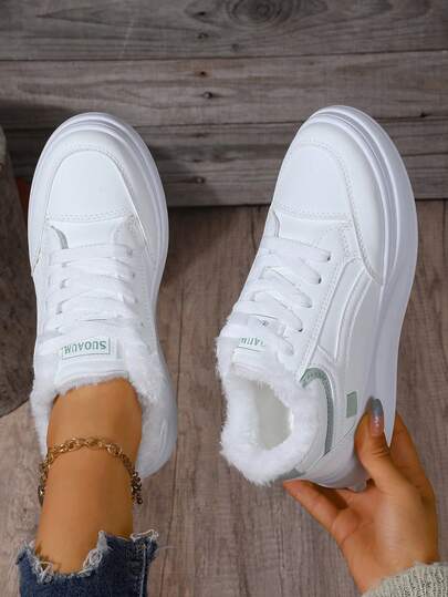 أحذية رياضية بيضاء للنساء، مبطنة بالفرو، ذات نعل سميك، متعددة الاستخدامات، دافئة ومريحة للمشي، المدرسة، الأنشطة الخارجية، متعددة الأغراض