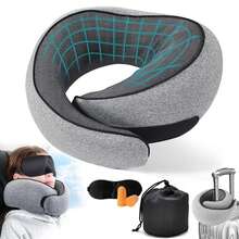 Almohada de Viaje en Negro - Memory Foam, Soporte Cervical, Transpirable, Funda Extraíble, con Mascarilla y Tapones, Plegable - Negro - Ver 1