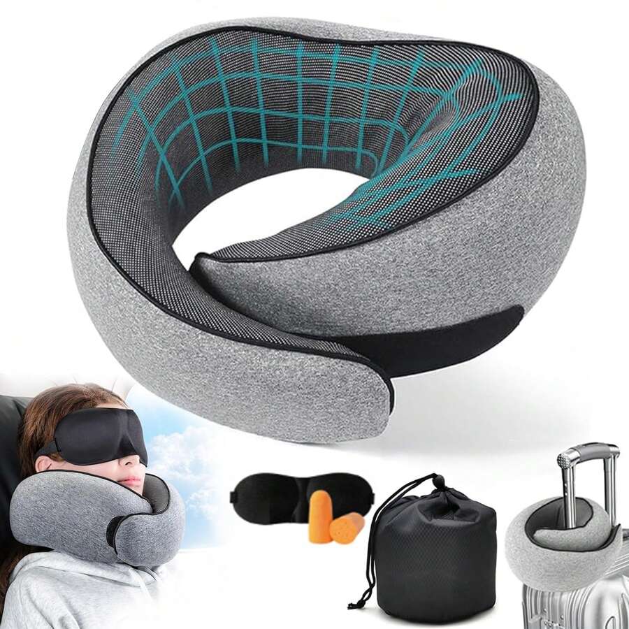 Almohada de Viaje en Negro - Memory Foam, Soporte Cervical, Transpirable, Funda Extraíble, con Mascarilla y Tapones, Plegable - Negro - Ver 1