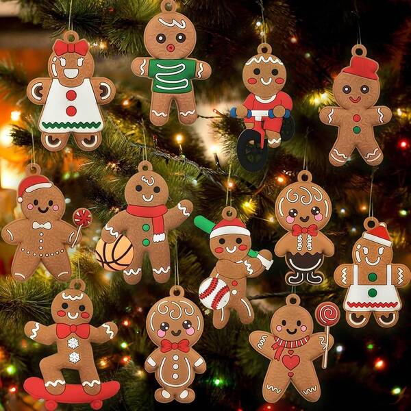 12pcs Christmas Ornaments Cute Snowman Xmas Tree Decorations Santa Claus Figurines Ornaments With Sugar Cookie House For Christmas Tree Hanging Party DIY Decor