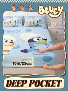 Bluey卡通数码印花床单，Bluey床上用品，床垫保护套，床罩，床笠，舒适家纺，冷色调床单，透气防起球床垫保护套，柔软亲肤 - 藍色 - 查看 4