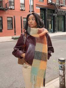 1 pieza Bufanda larga y esponjosa con flecos para mujer para el invierno, bufanda a cuadros grande y gruesa, chal cálido y sobredimensionado