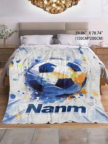 1pc Customized Name Blanket, Football Pattern Printed Flannel Blanket, Soft & Warm, Suitable For Napping, Sofa, Office, Bed, Camping, Versatile Gift Blanket, All Seasons, Christmas Gift - 280g Fabric - Multicolor - View 3