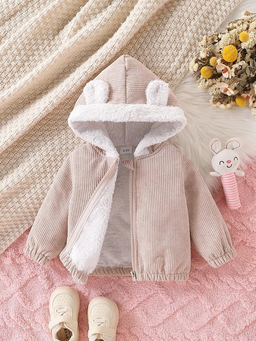 Áo khoác trùm đầu lót lông giữ nhiệt vải nhung kẻ 3D dễ thương cho bé gái, mùa thu/đông - Màu be - Xem 1