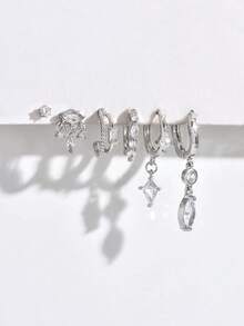 1 Bộ 6 khuyên tai Zirconia lấp lánh, đinh tán & kẹp, Bộ trang sức thời trang & thanh lịch dành cho nữ, Thích hợp cho tiệc tùng, ngày lễ, hẹn hò hoặc đám cưới - Bạc - Xem 2